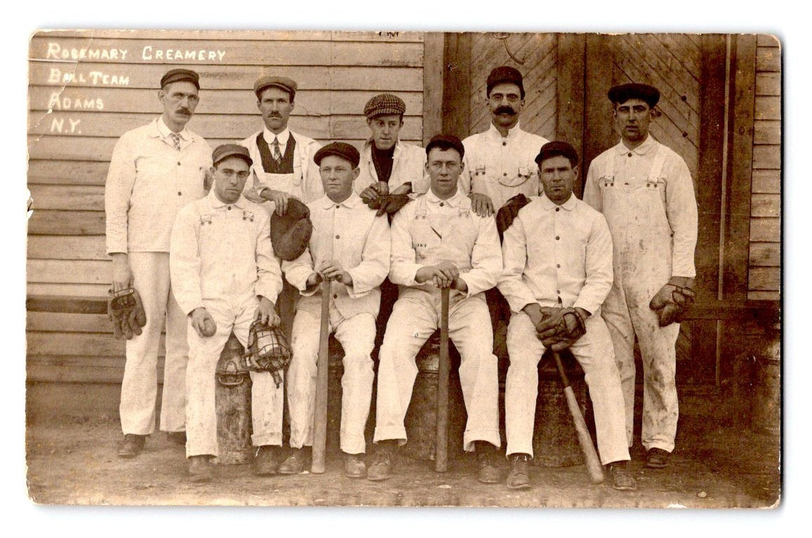 RPPC 1910. ROSEMARY CREAMERY. BASEBALL TEAM. ADAMS, NY. POSTCARD