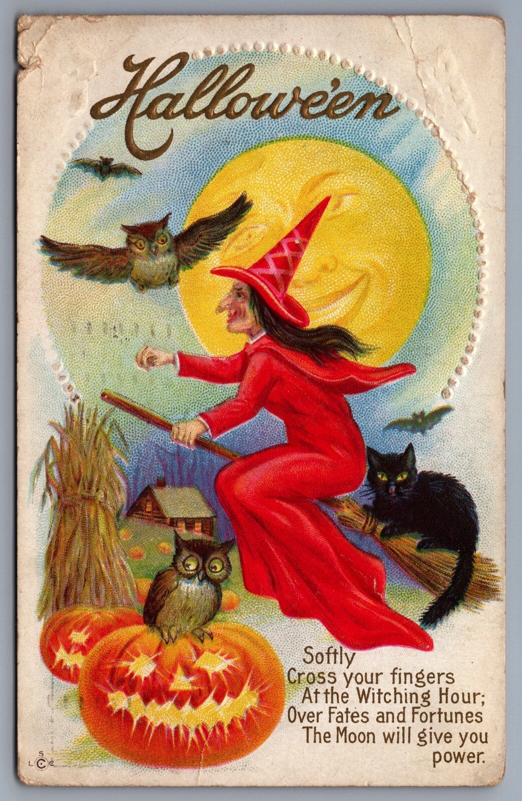 Stecher Halloween Postcard Red Robed Witch Black Cat Owls Moon Face JOL L1