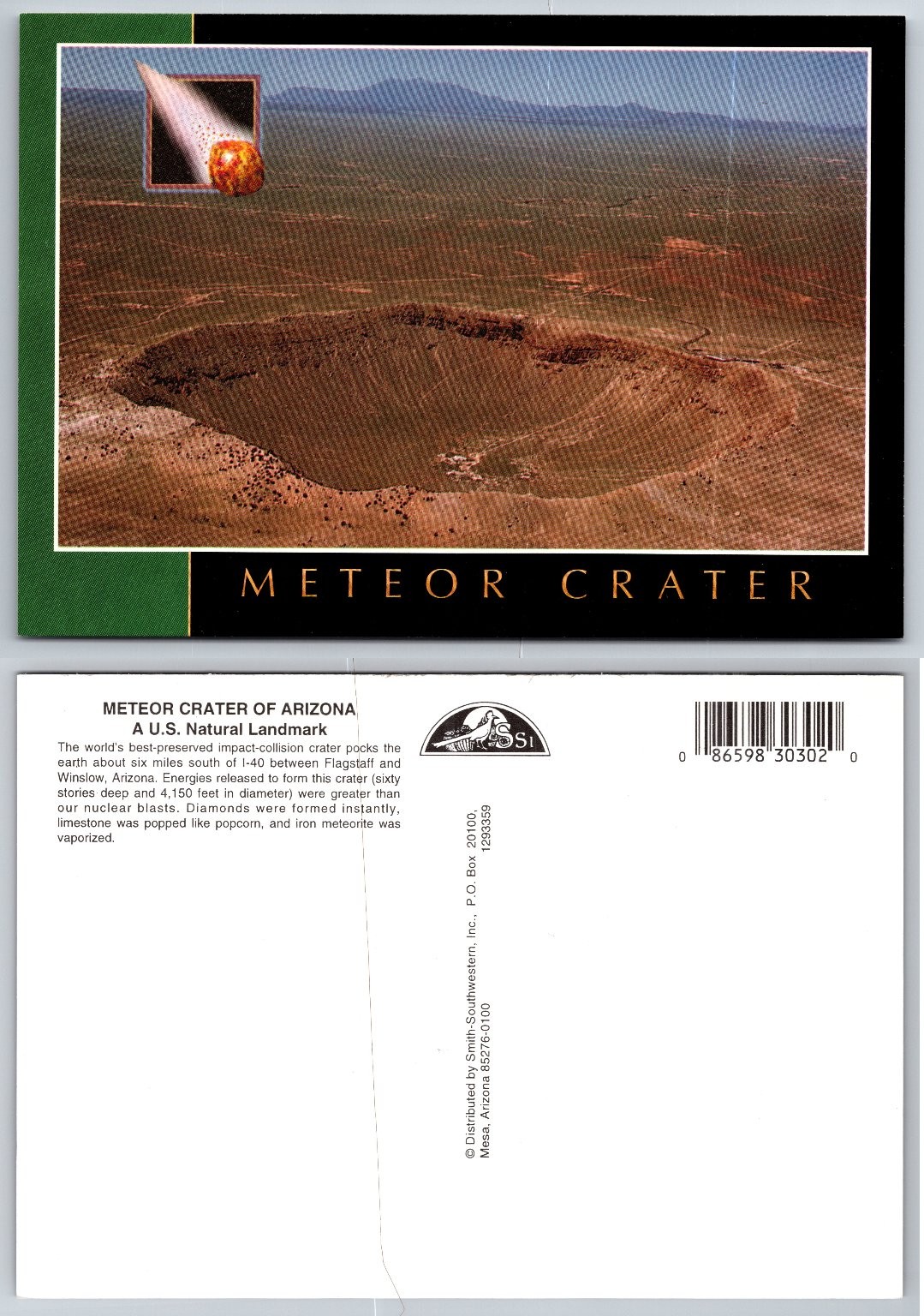 Meteor Crater Arizona Aerial View Postcard Smith-Southwestern Natural Landmark
