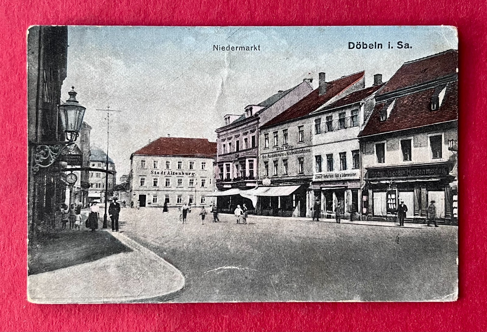 Postcard Döbeln 1923 Niedermarkt with shops (181177