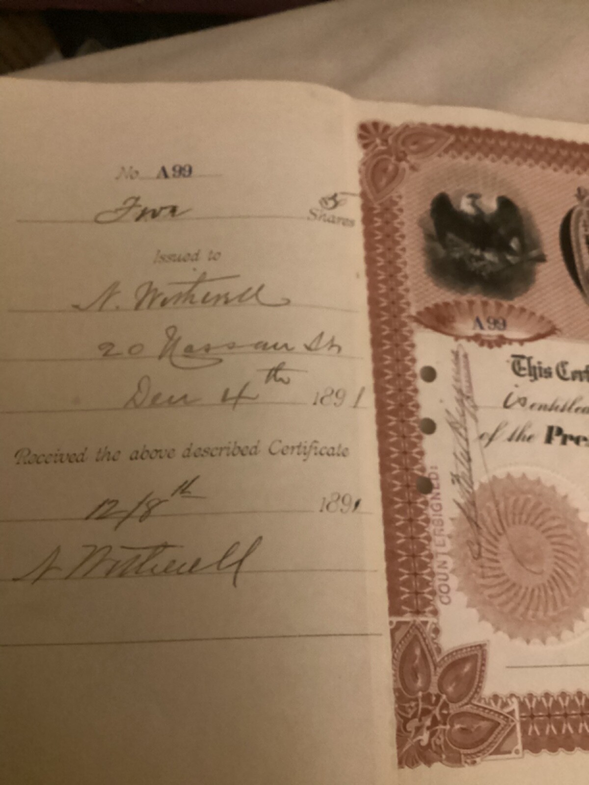 1891 stock Nathaniel Wetherell and family sig.Greenwich CT family.huge discount