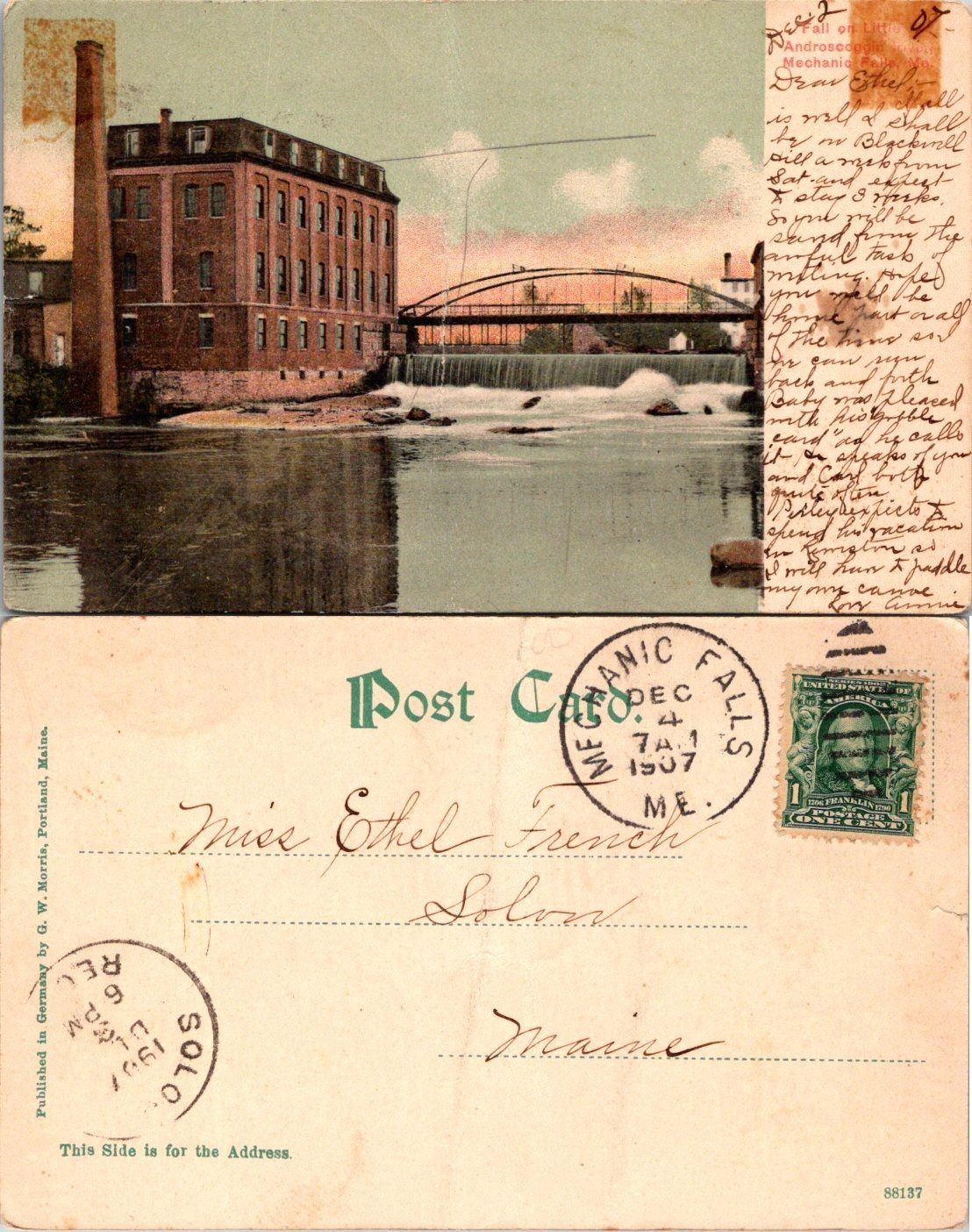 Mechanic Falls ME Postcard 1907 Dam Bridge Factory Handwritten Vintage Used