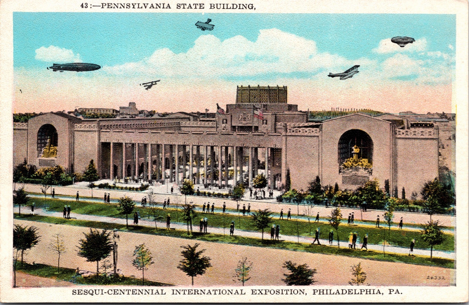 1926 Sesqui-Centennial Exposition Zeppelins Airships Pennsylvania Bldg Postcard