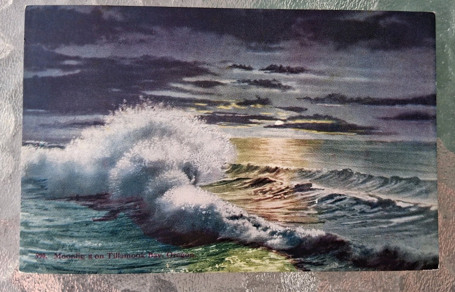 Tillamook Bay Oregon Moonlit Waves LIthograph Postcard Pacific Novelty #990