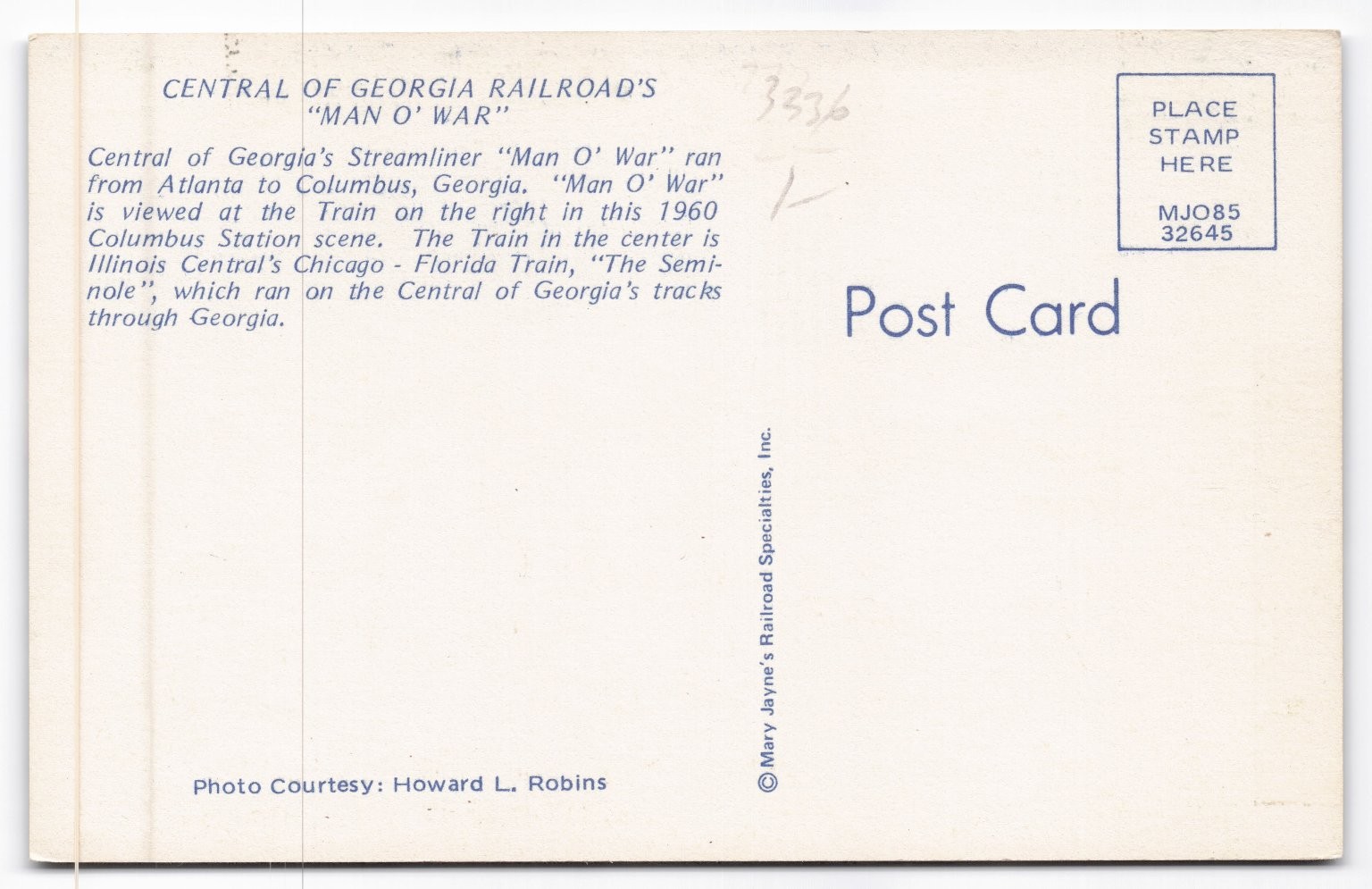1960 Columbus GA Central of Georgia MAN O’ WAR & Seminole Streamliners Postcard