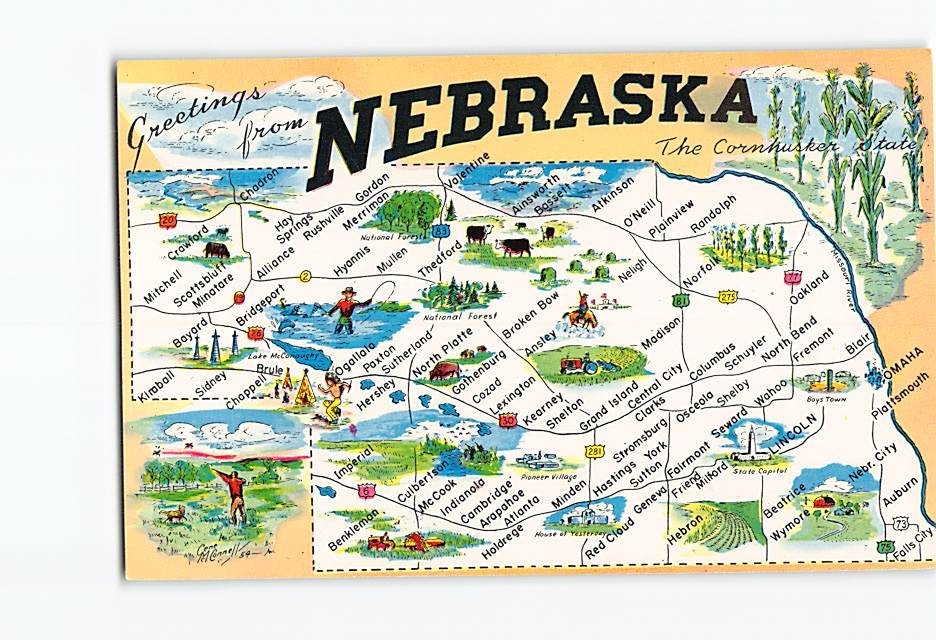 Postcard Map and Landmarks The Cornhusker State Greetings from Nebraska USA