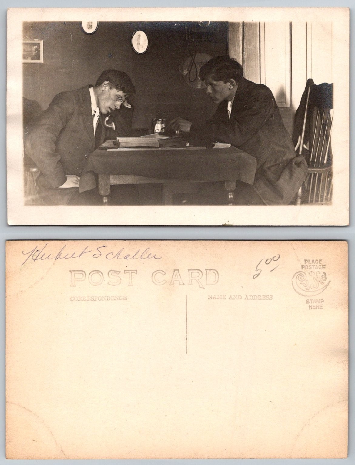 Vintage RPPC Two Young Men Smoking Pipe Study Desk Suits Early 20th Century
