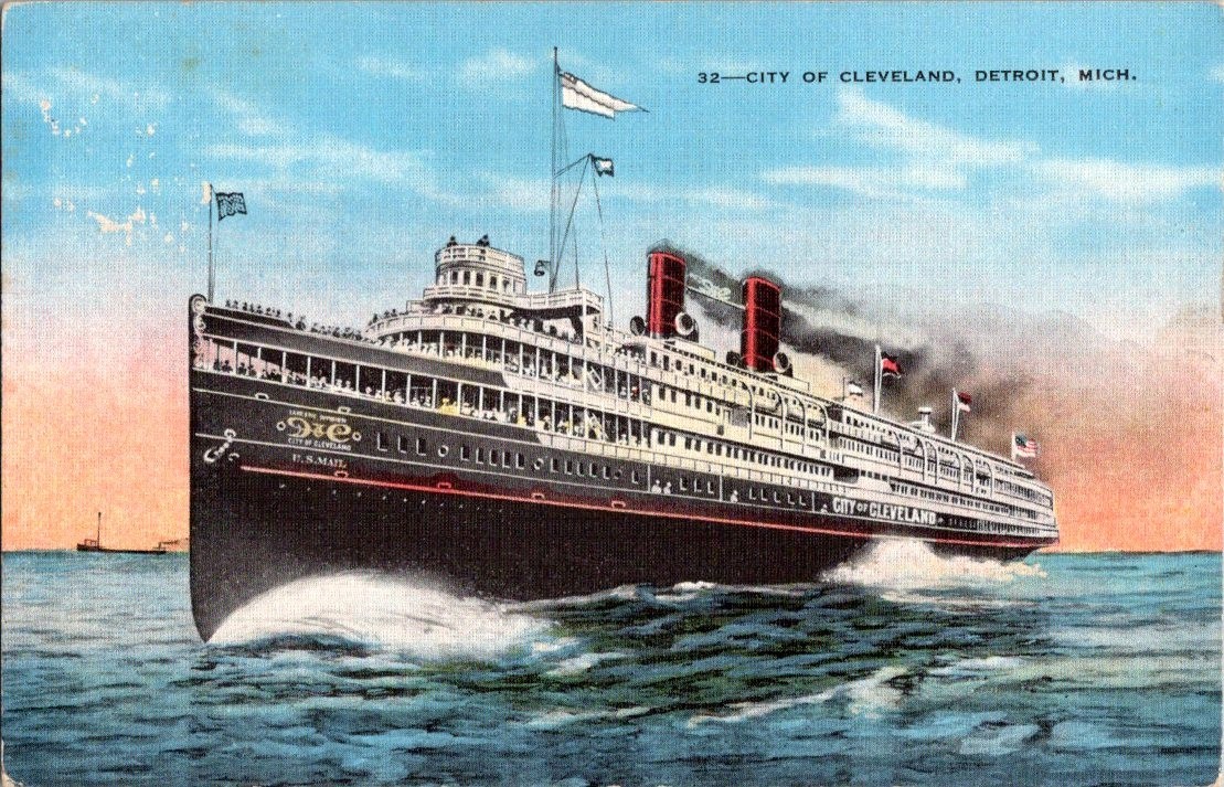 City of Cleveland Detroit Steamer Vintage Linen Postcard by United News