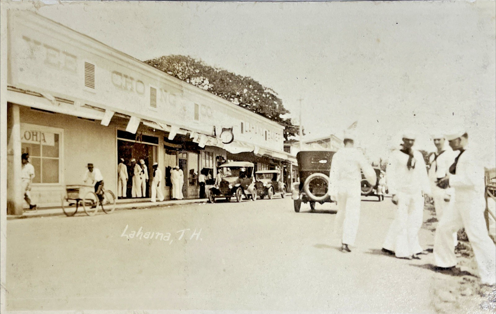 1920s Lahaina Front Street Navy Sailors Cars Shops Maui RPPC Real Photo Hawaii