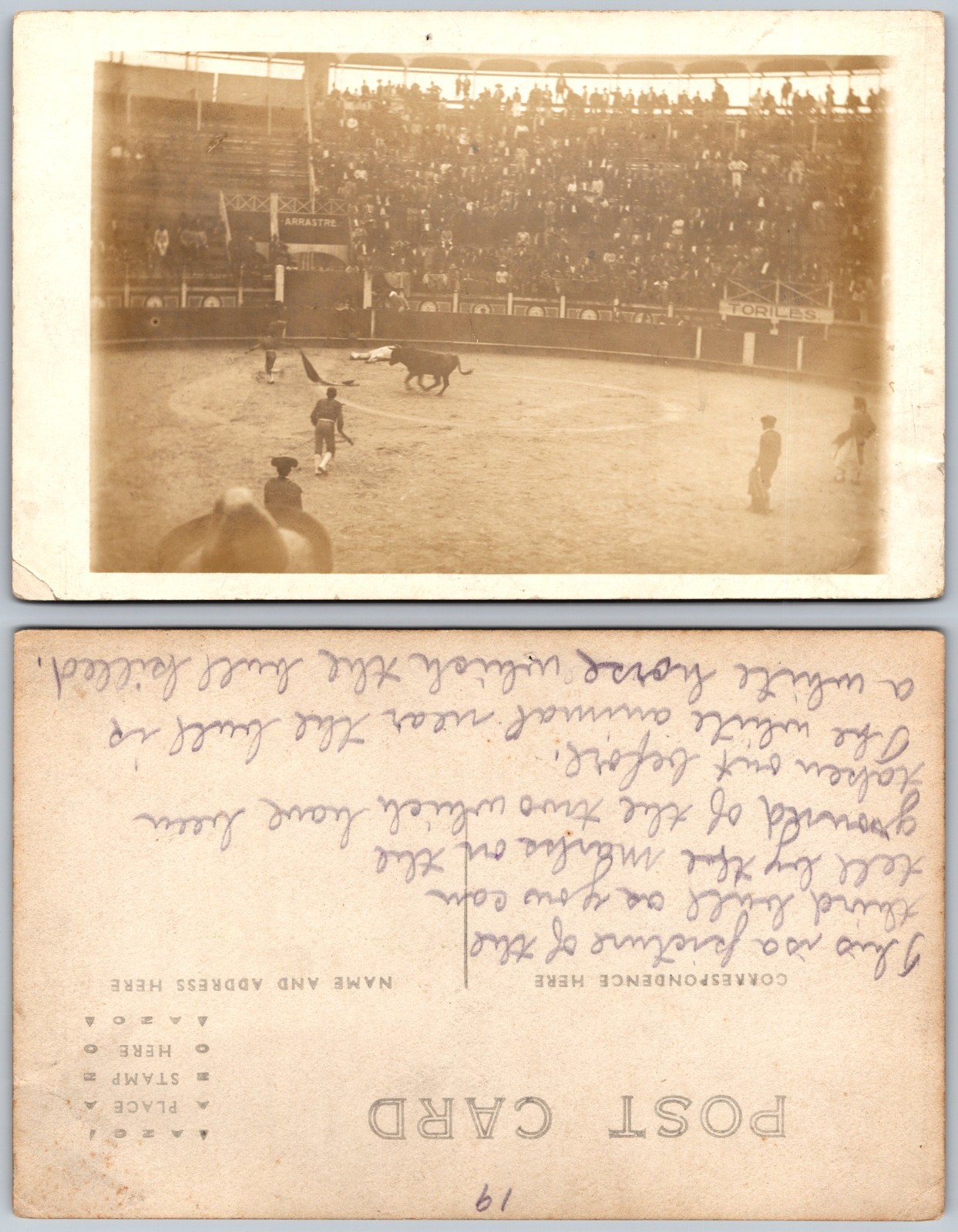 RPPC Bullfight Arena Matador Crowd Photo Postcard