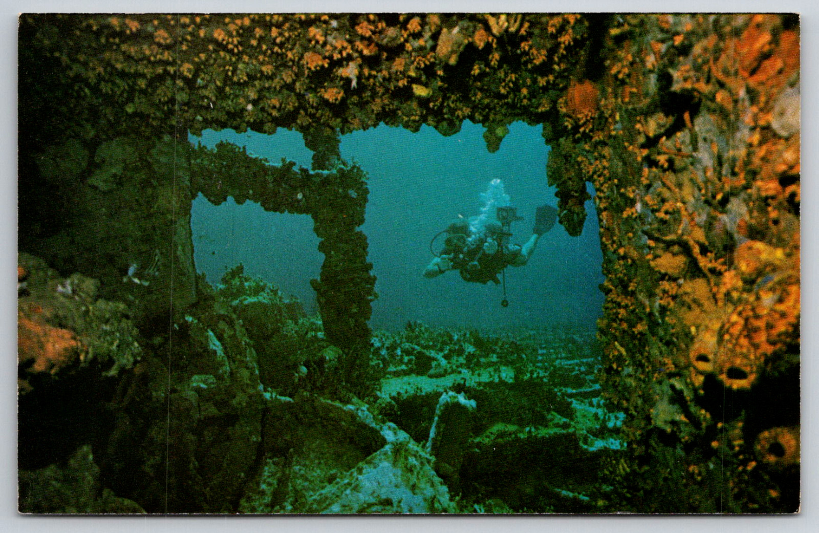 Diver Sunken Ship Wreck Carribean Waters Vintage Postcard Scuba Diving Shipwreck
