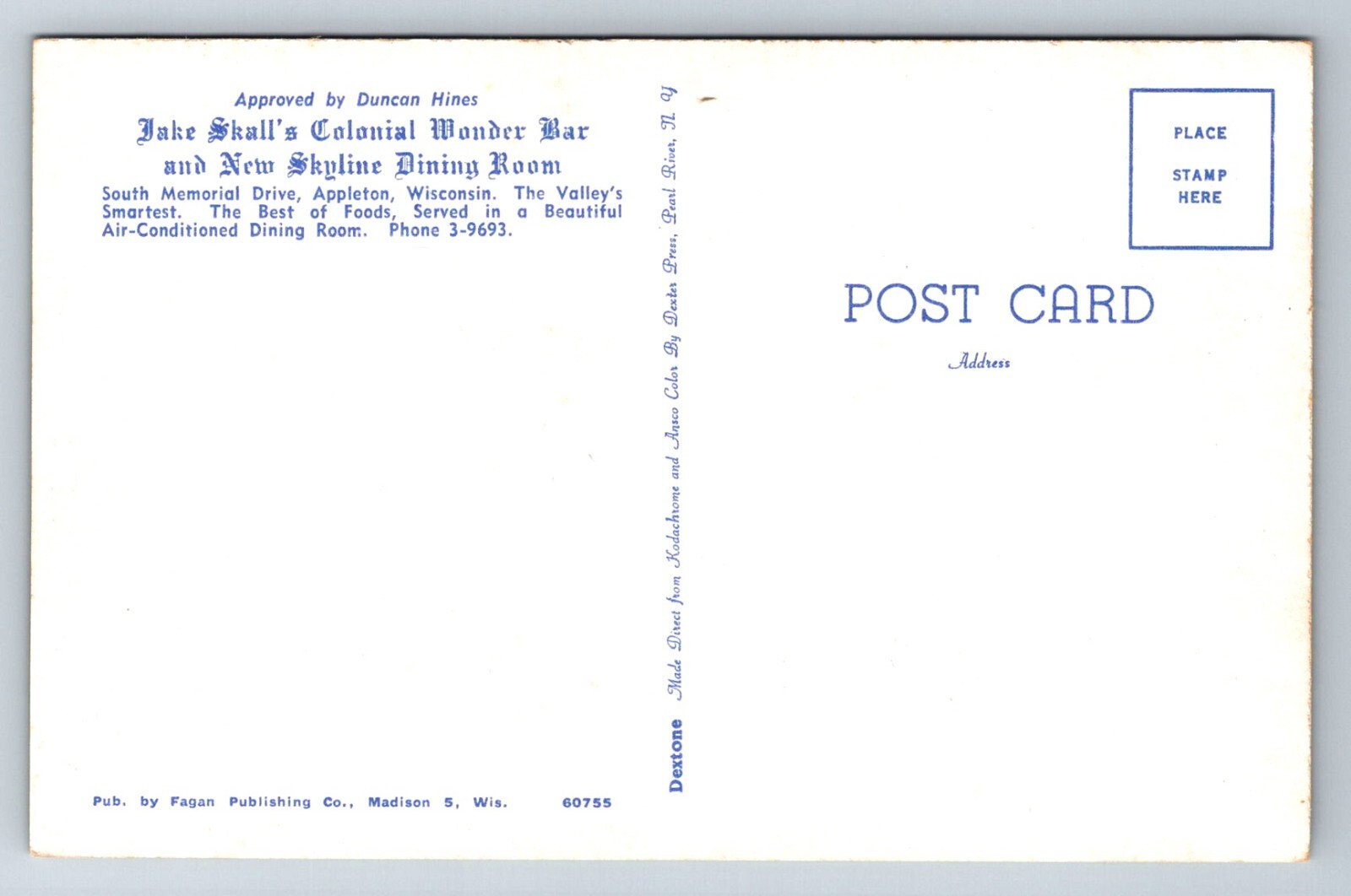 Postcard WI App[leton Jake Skall’s Colonial Wonder Bar Skyline Dining Room I645