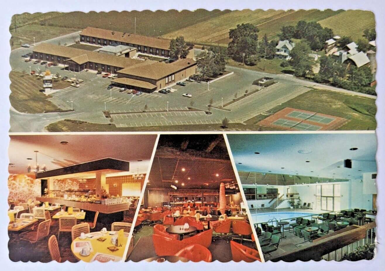 Red Fox Inn Waverly, Iowa Vintage 4×6″ Multiview Postcard Nite Club Indoor Pool