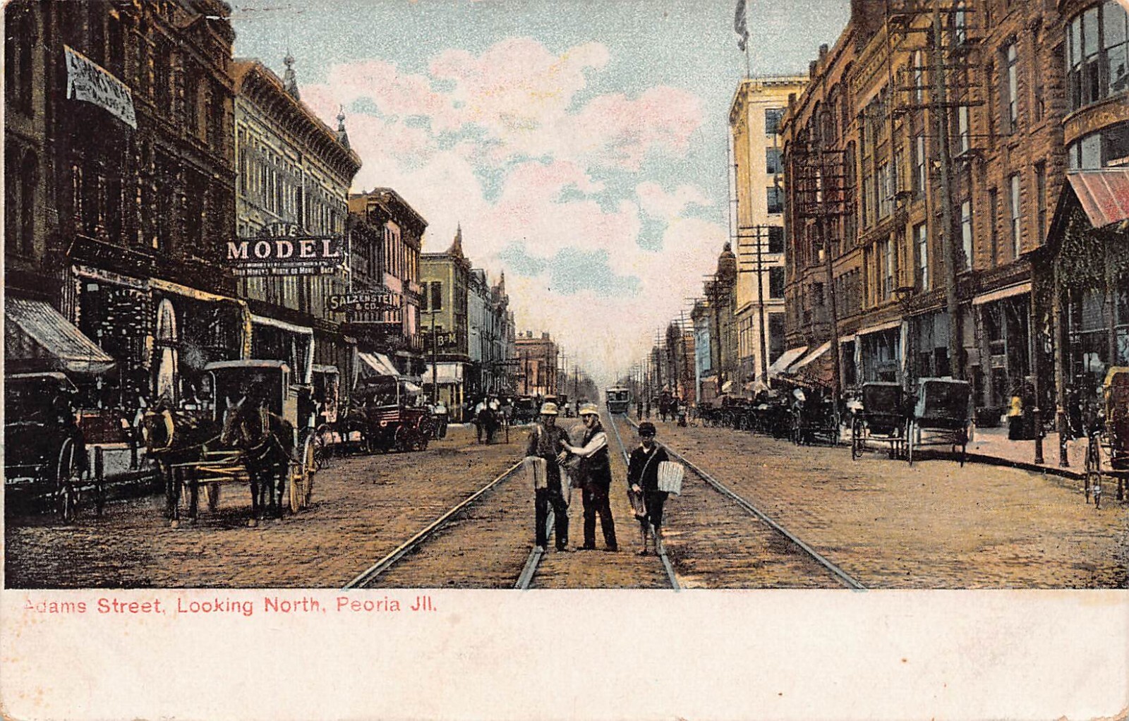 Peoria Illinois IL Adams Street St Scene Looking North Postcard