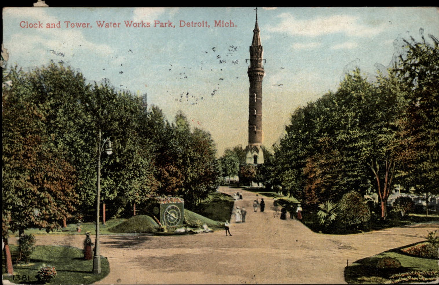 Michigan Detroit Water Works Park Clock Tower ~ 1911 vintage postcard ~ s9957