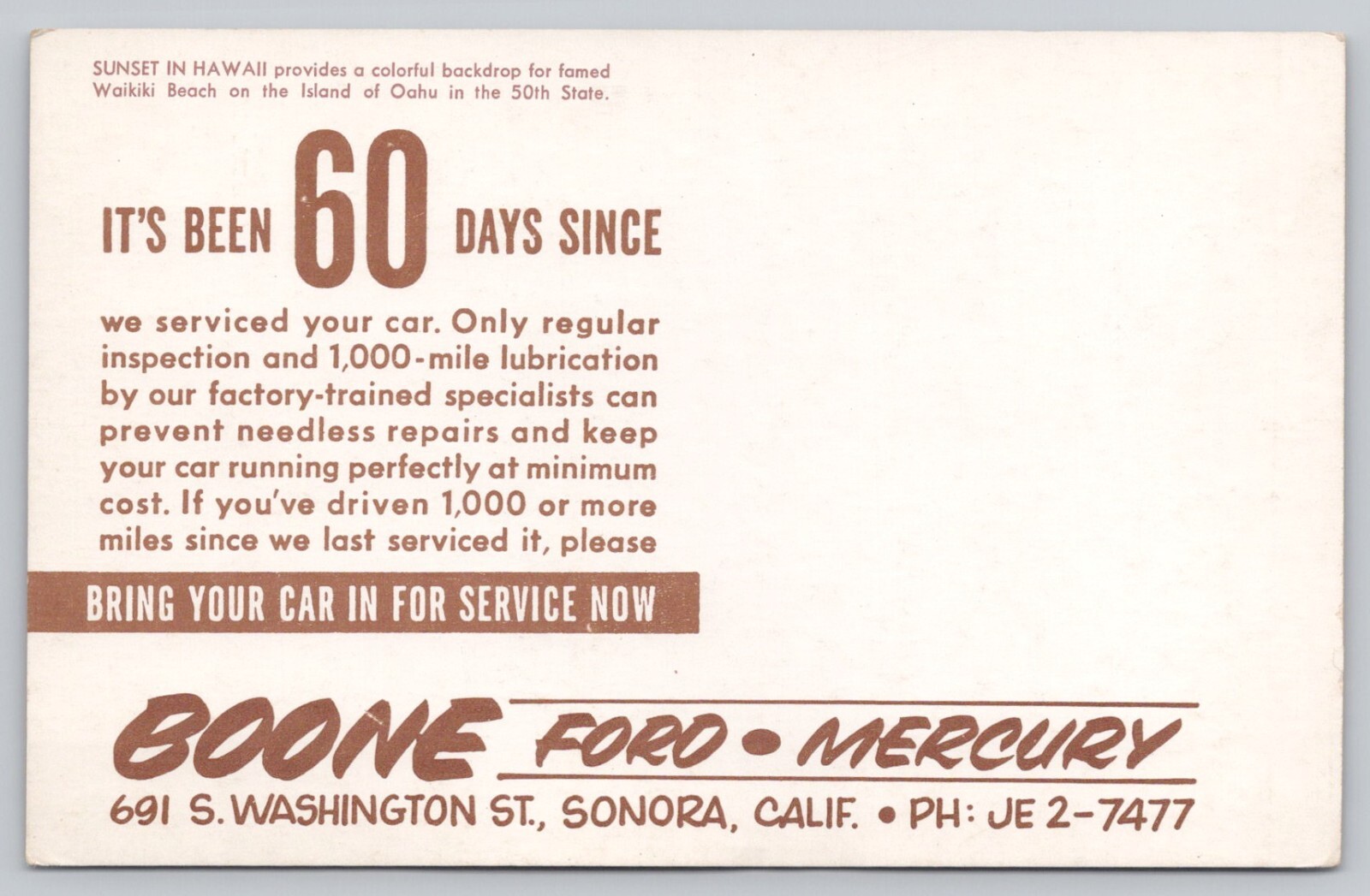 Two 1960s Boone Ford Mercury Dealership Service Reminders 60/90 Days Sonora CA