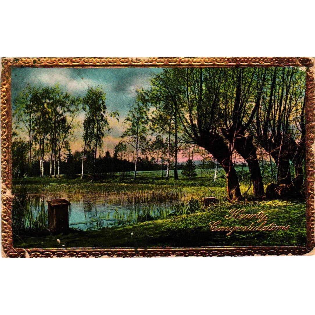 Antique 1911 Postcard Hearty Congratulations Landscape Pond Made in Germany NY