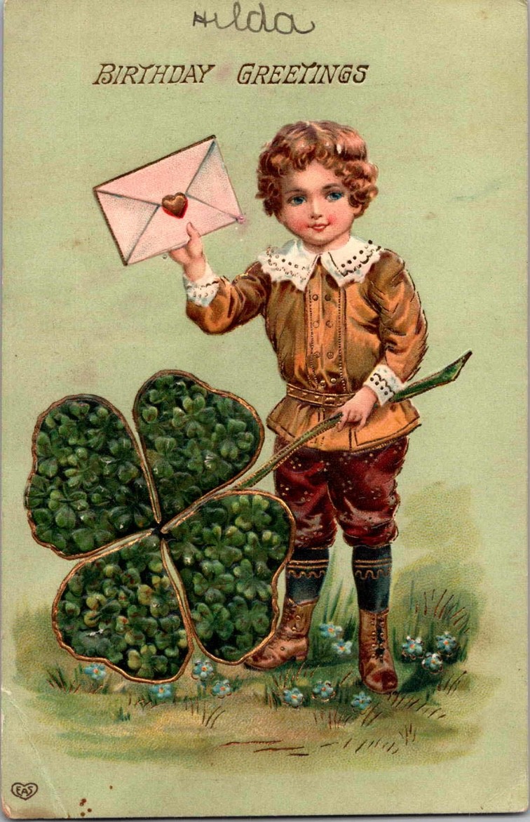 Child with Four Leaf Clover & Envelope Birthday Greetings Postcard