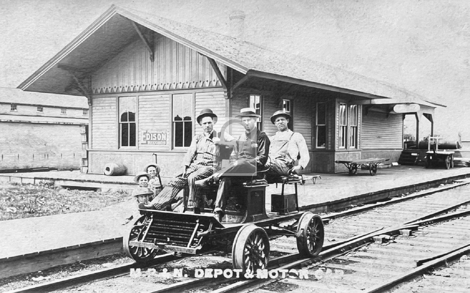Railroad Train Station Depot Motor Car Highland Wisconsin WI – Reprint
