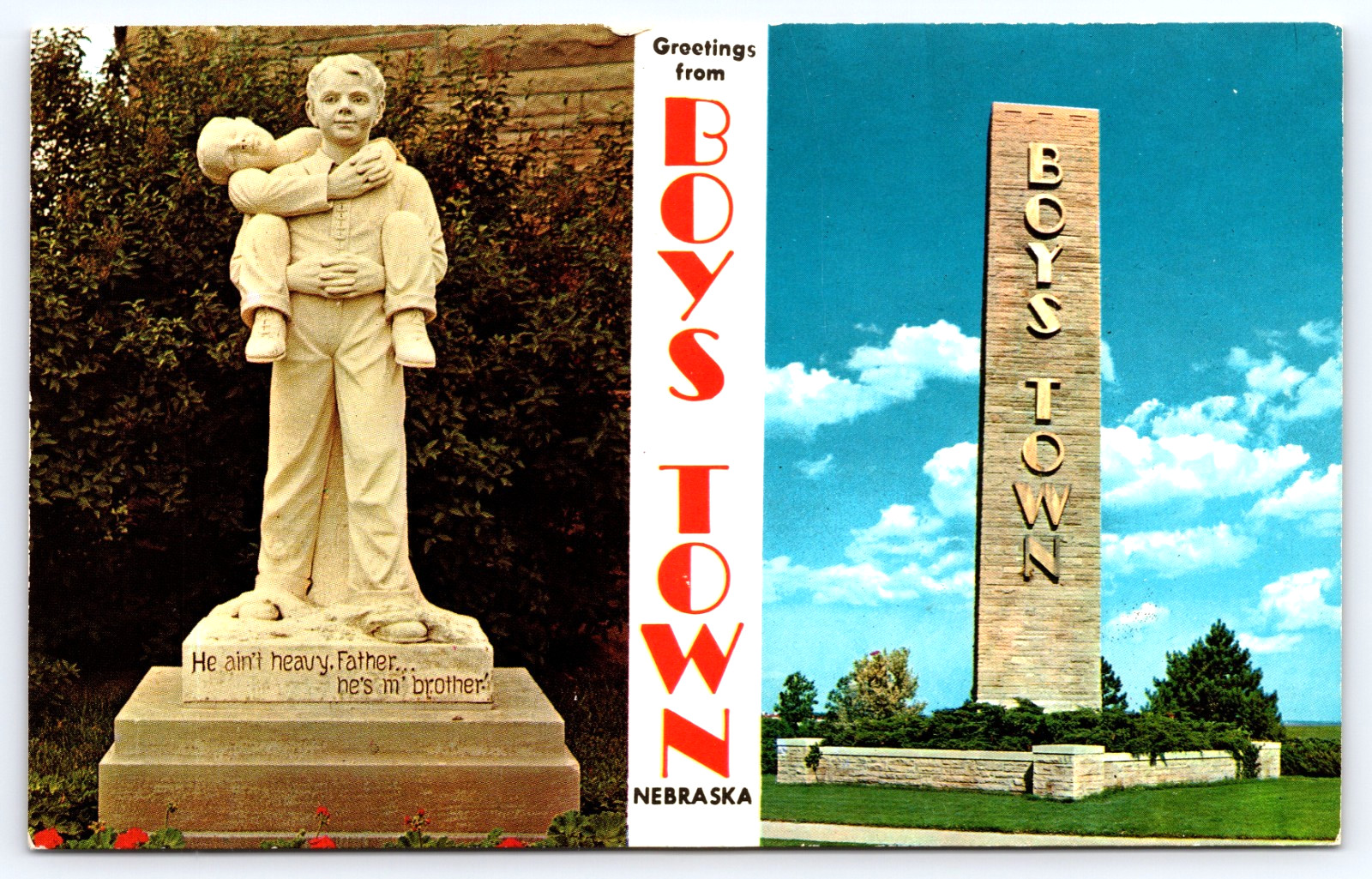 Boy’s Town Nebraska Greetings Statue And Sign Vintage Photo Postcard