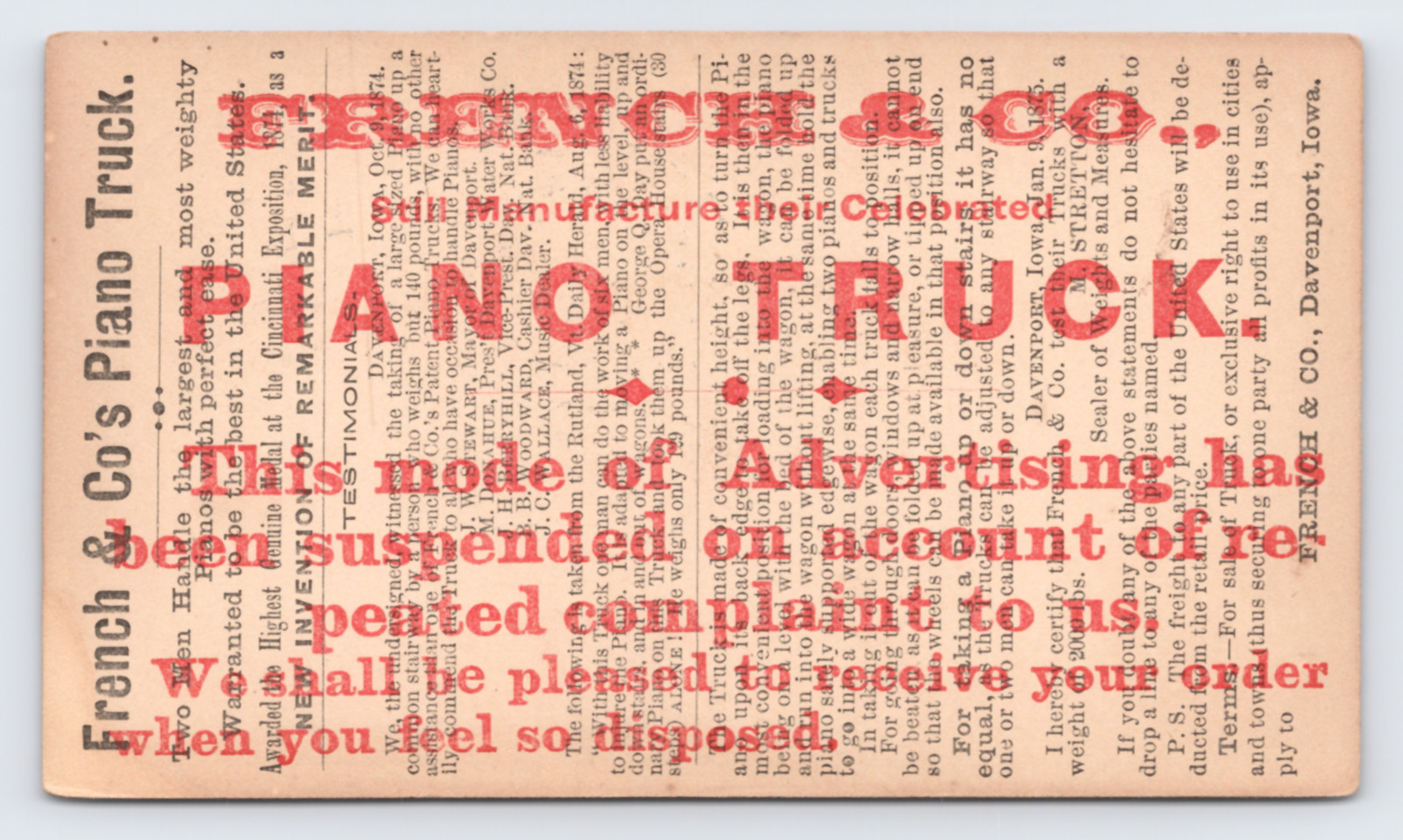 c1874 French & Co Piano Truck Postal Card Davenport IA Advertising to Ludlow VT