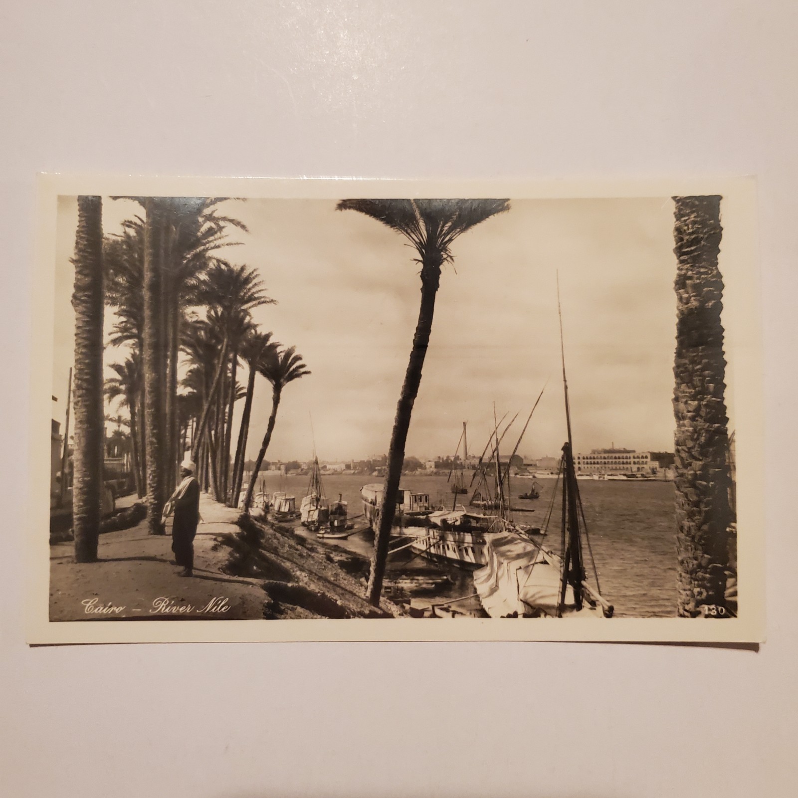 Nile River RPPC Cairo City Egypt Boats Ships Sepia Vtg People Shore