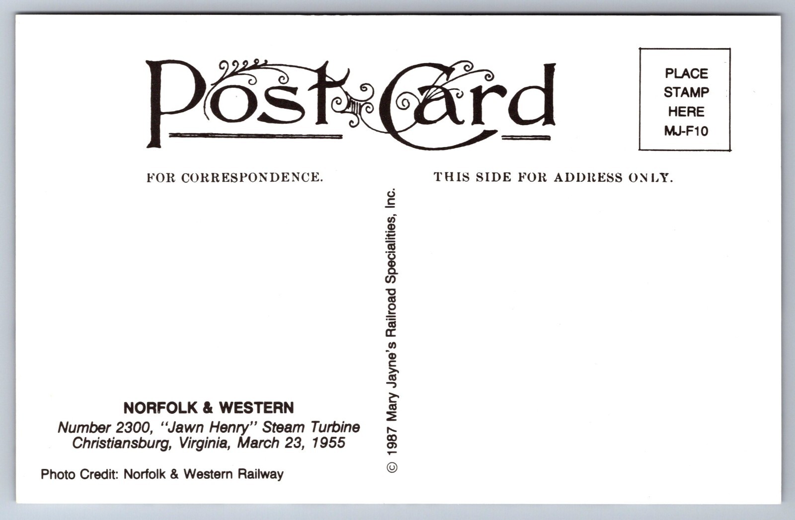 Postcard Christiansburg VA Locomotive No. 2300 Norfolk & Western Railroad 1955