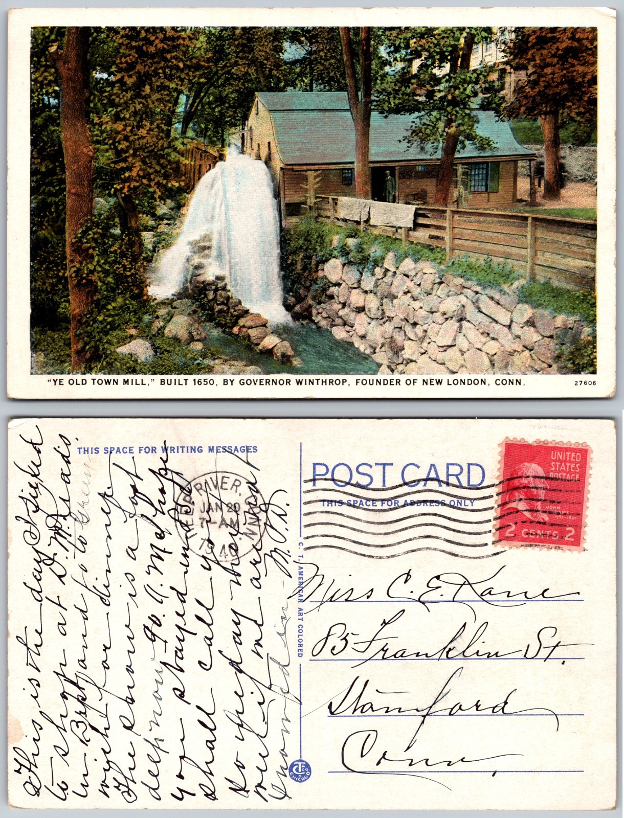 New London Conn Ye Old Town Mill Waterfall Stone Wall Postcard