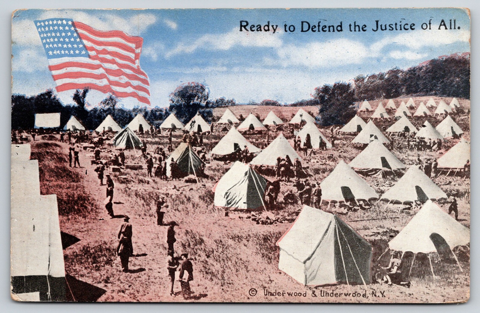 Military~Defend Justice Of All~Army Camp Scene~Soldiers~USA Flag~c1910 Postcard