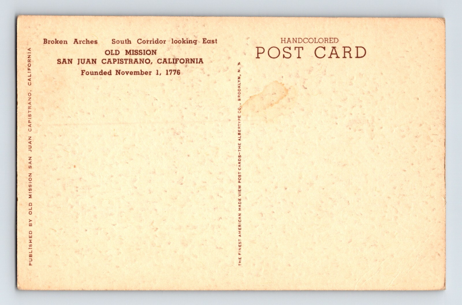 Postcard California San Juan Capistrano CA Mission Hand Colored 1920s Unposted