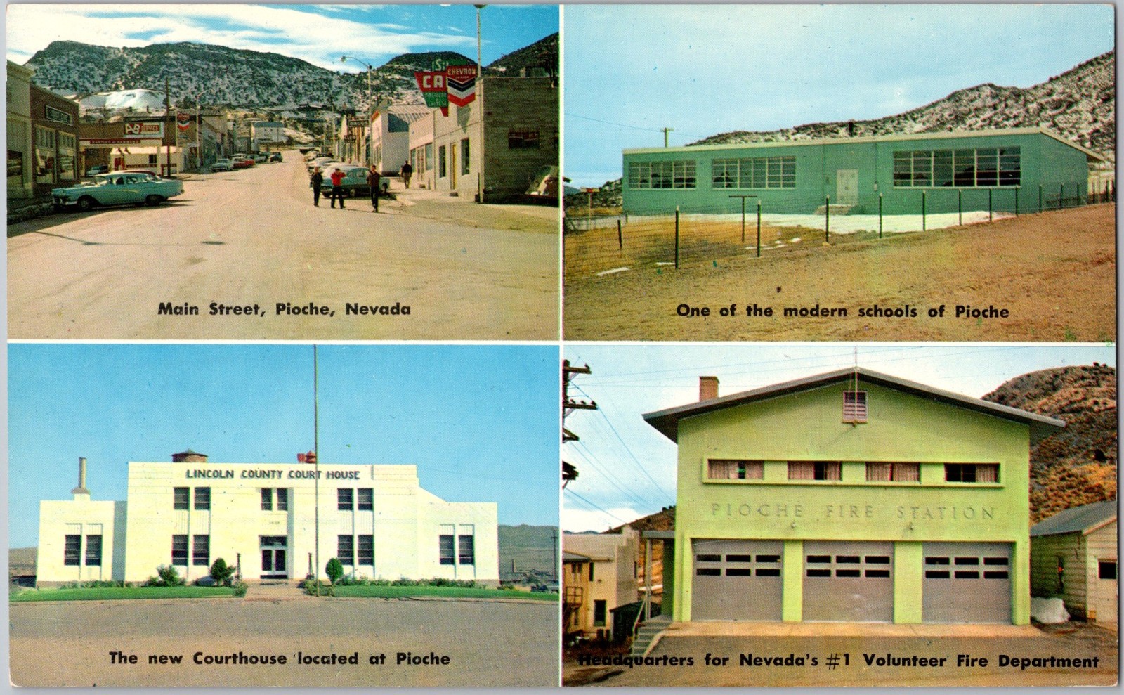 Vintage JUMBO Postcard ~ Present PIOCHE, NV Nevada Main Street Fire Station +