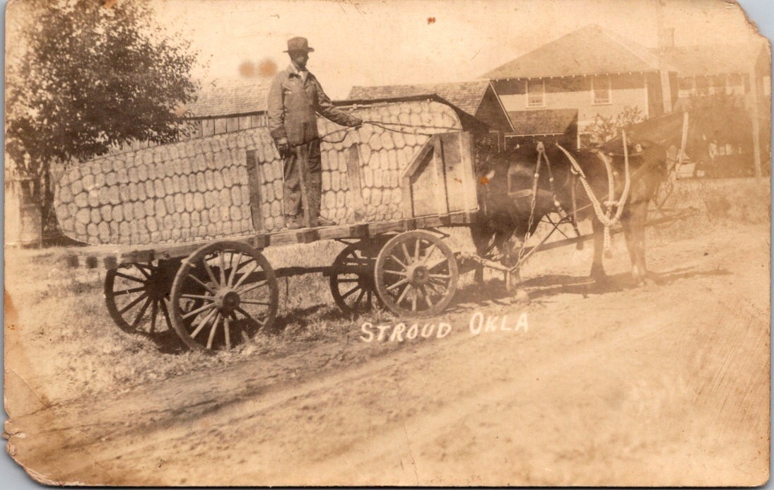 Stroud, Oklahoma Exaggerated Corn Cob on Wagon Real Photo Postcard OK RPPC