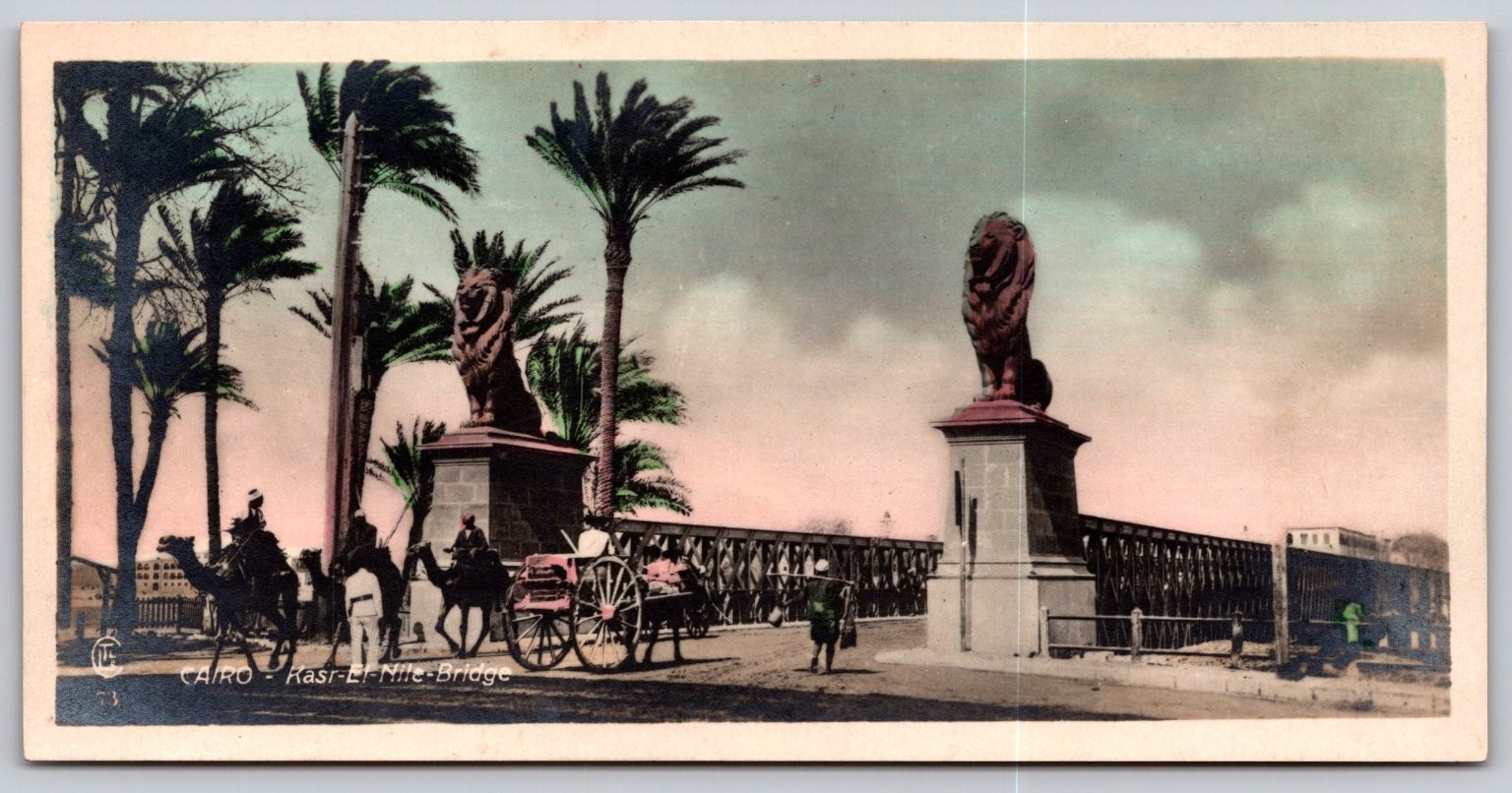 Vintage Cairo Kasr El Nile Bridge Egypt Postcard with Lion Statues A336
