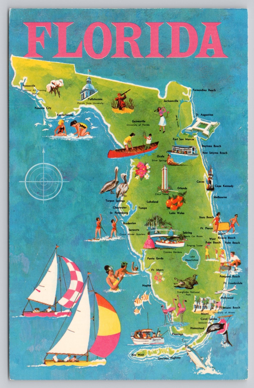 Vtg FLORIDA Pictorial Map Postcard Dexter Press Tourist Attractions Linen Style