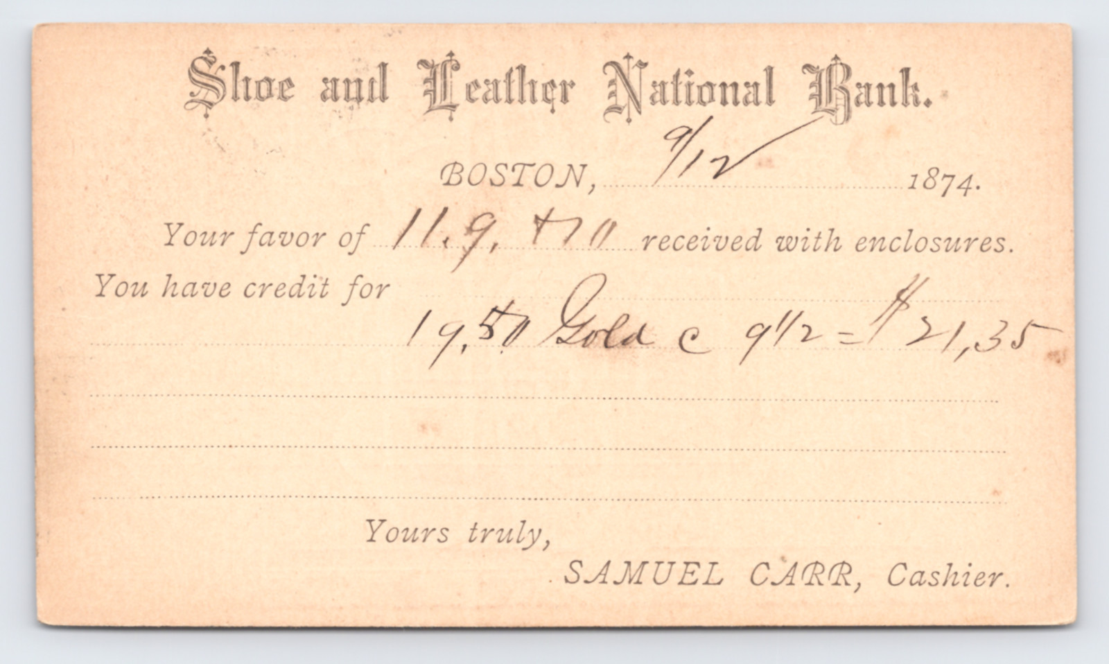 1874 Shoe & Leather National Bank Gold Premium Postal Card Boston MA Rochester