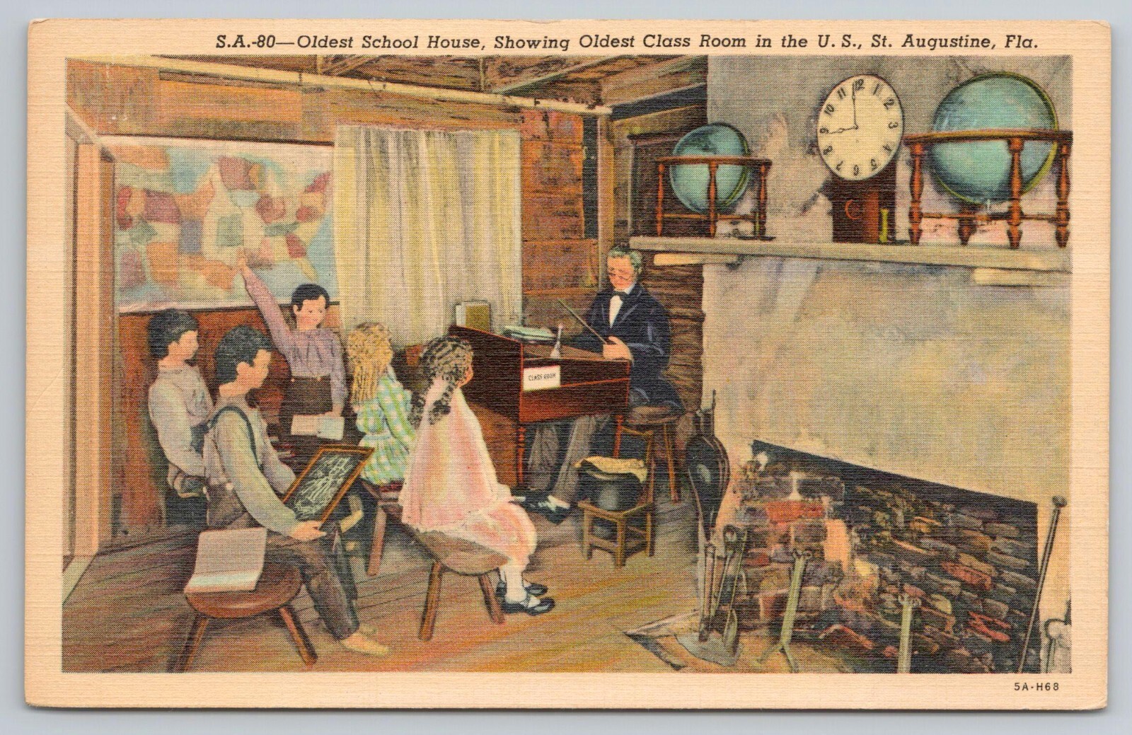 Vintage Oldest School House Classroom Scene St. Augustine Florida Linen Postcard