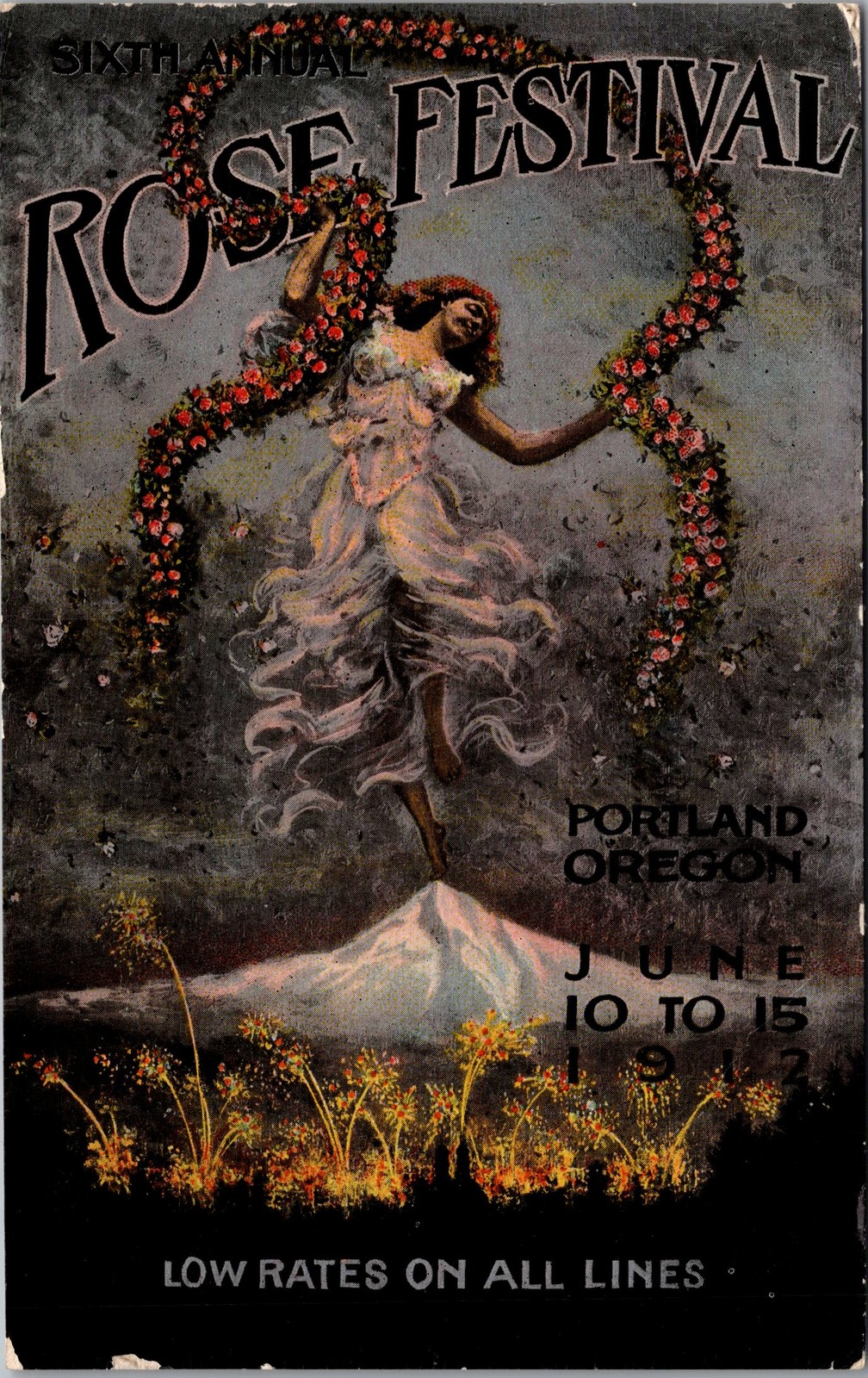 1912 Portland Rose Festival Postcard Original Art Nouveau Mt Hood Oregon