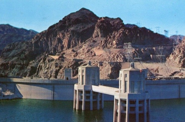 1964 Panoramic View Hoover (Boulder) Dam Postcard Las Vegas News Agency Nevada