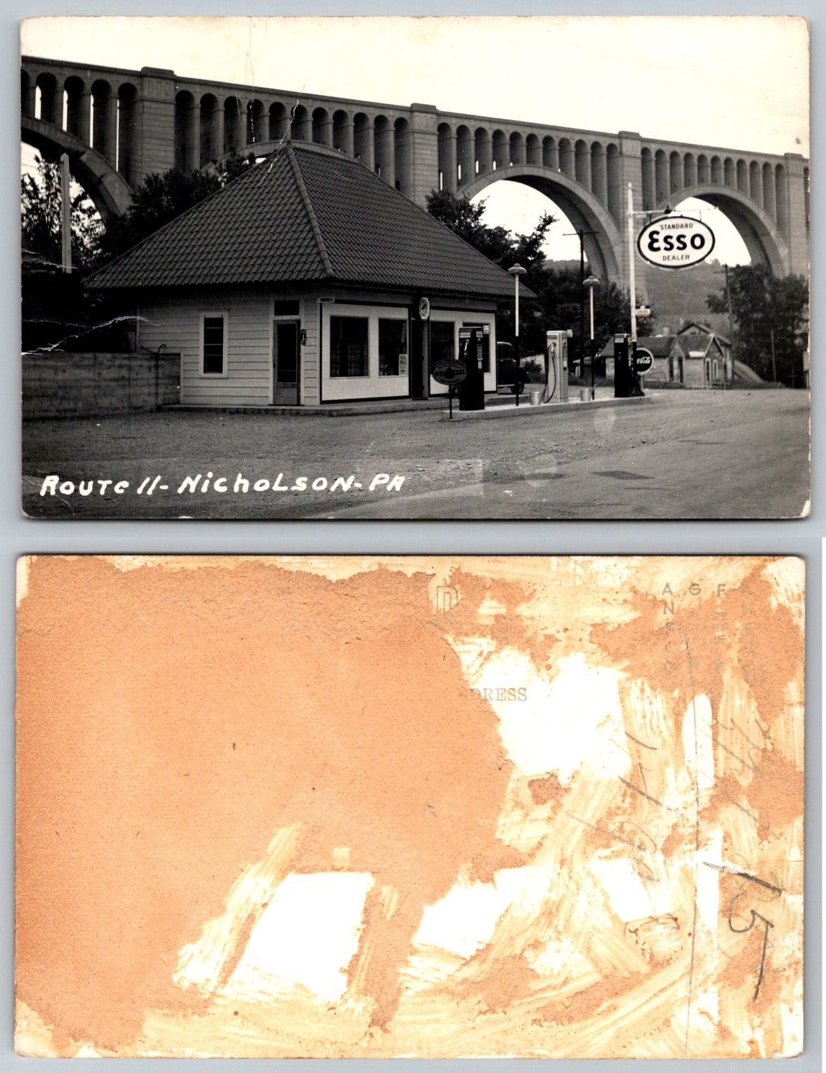 Vintage RPPC Nicholson PA Esso Gas Station Tunkhannock Viaduct Route 11 Postcard