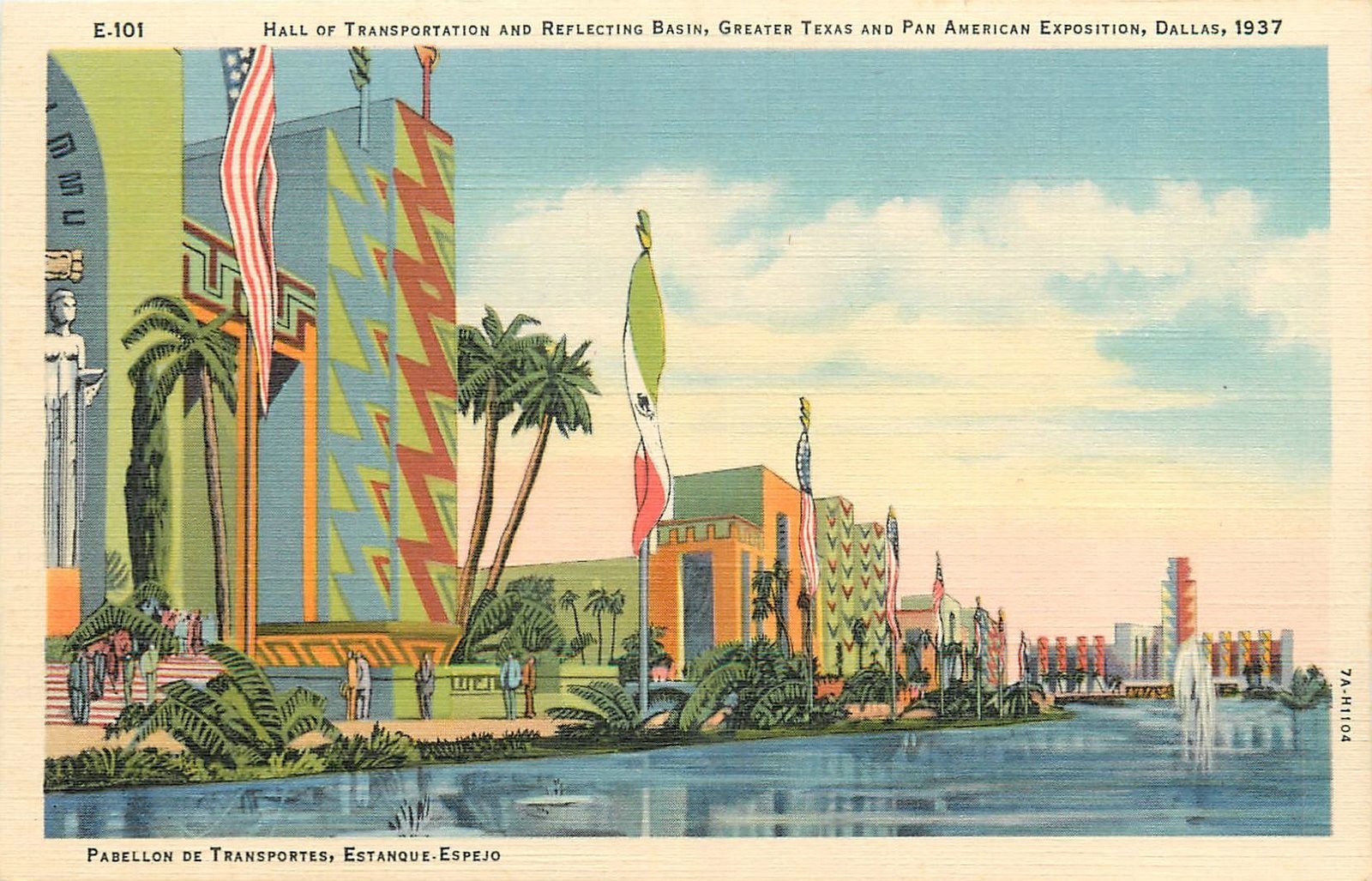 1937 Dallas Texas Hall of Transportation Reflecting Basin Teich Postcard 26-5494
