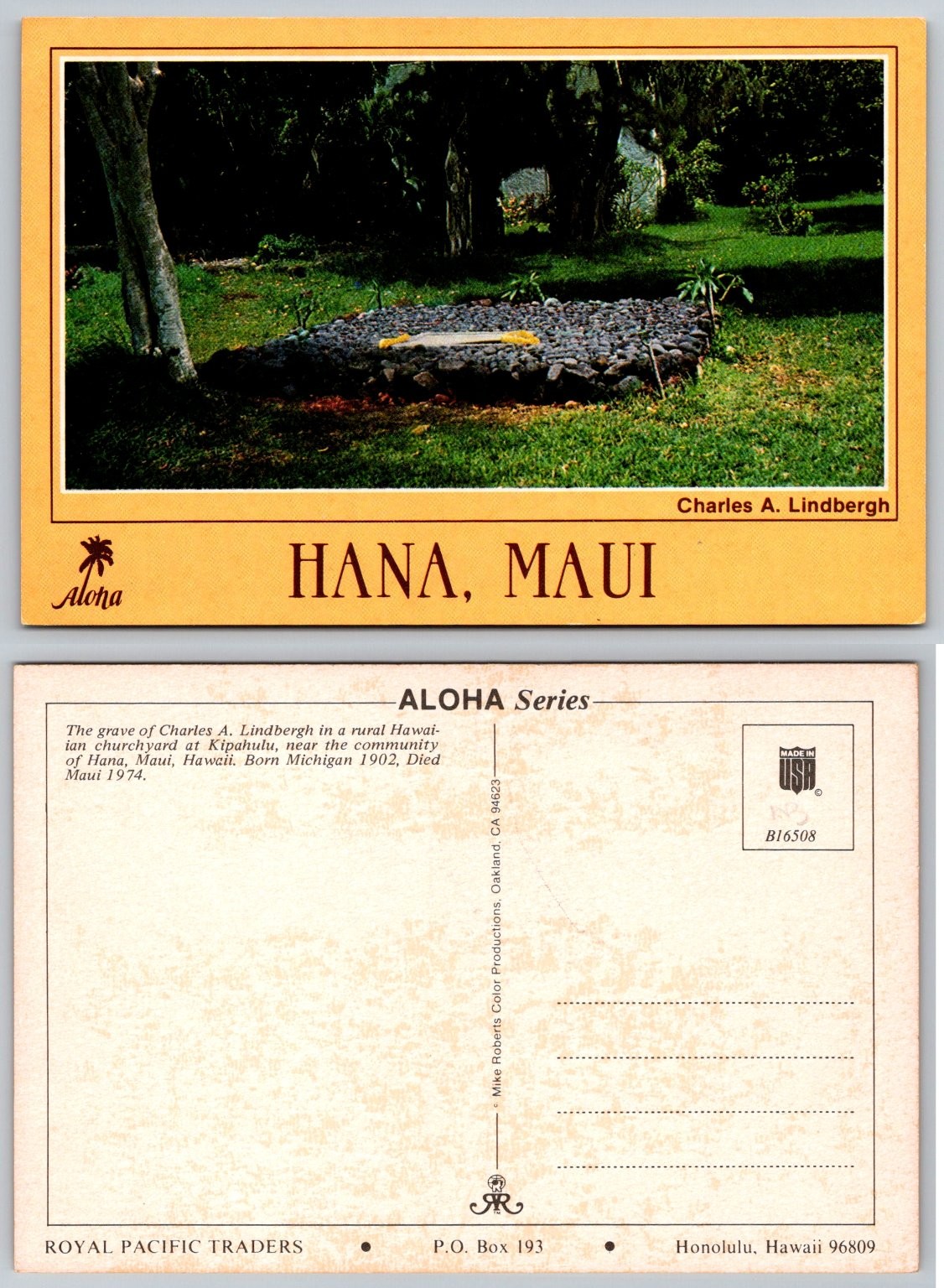 Charles A. Lindbergh Grave Postcard – Hana, Maui, Hawaii – Aloha Series