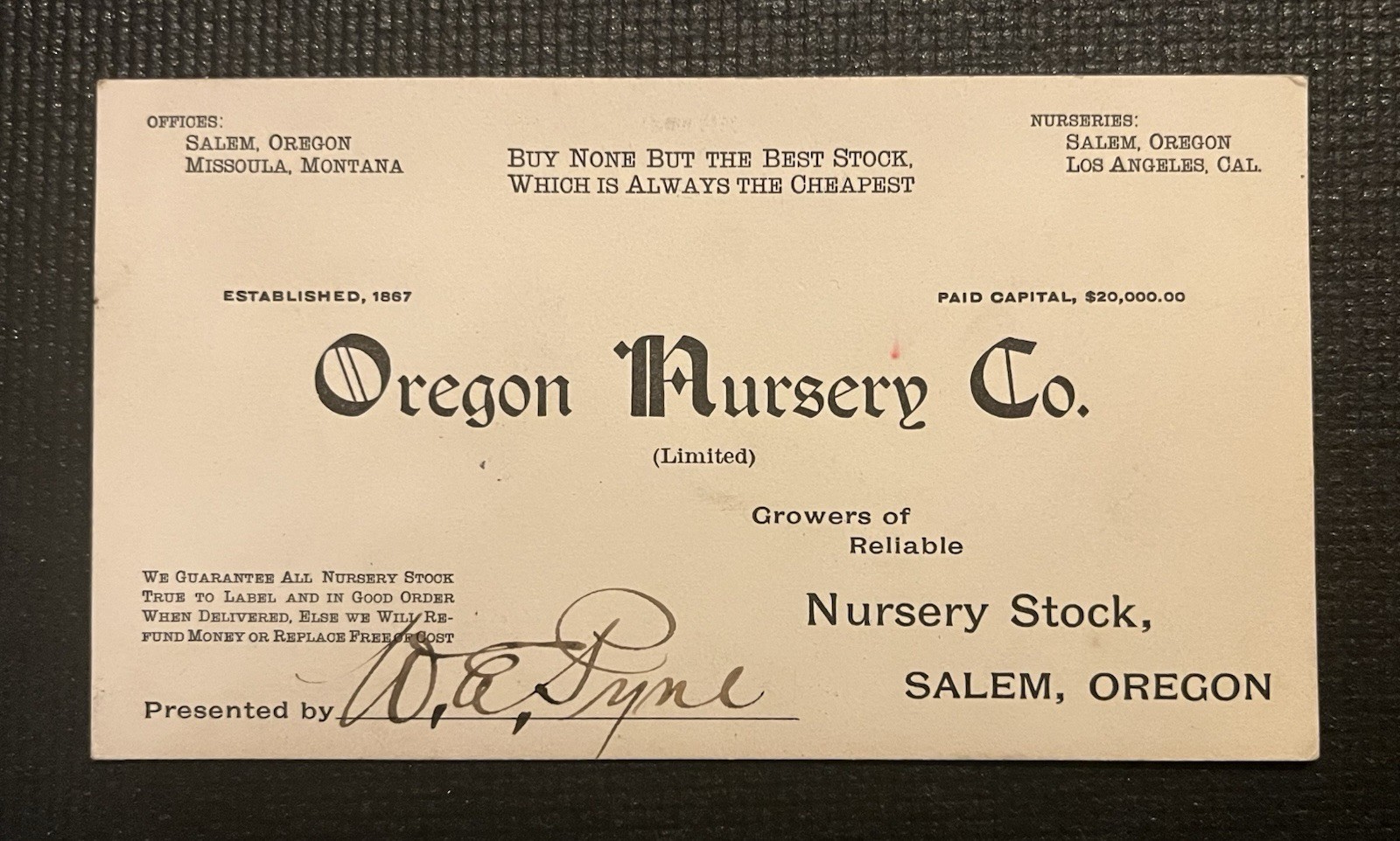Oregon Nursery Co Advertisement Signed Money Back Guarantee C. 1910