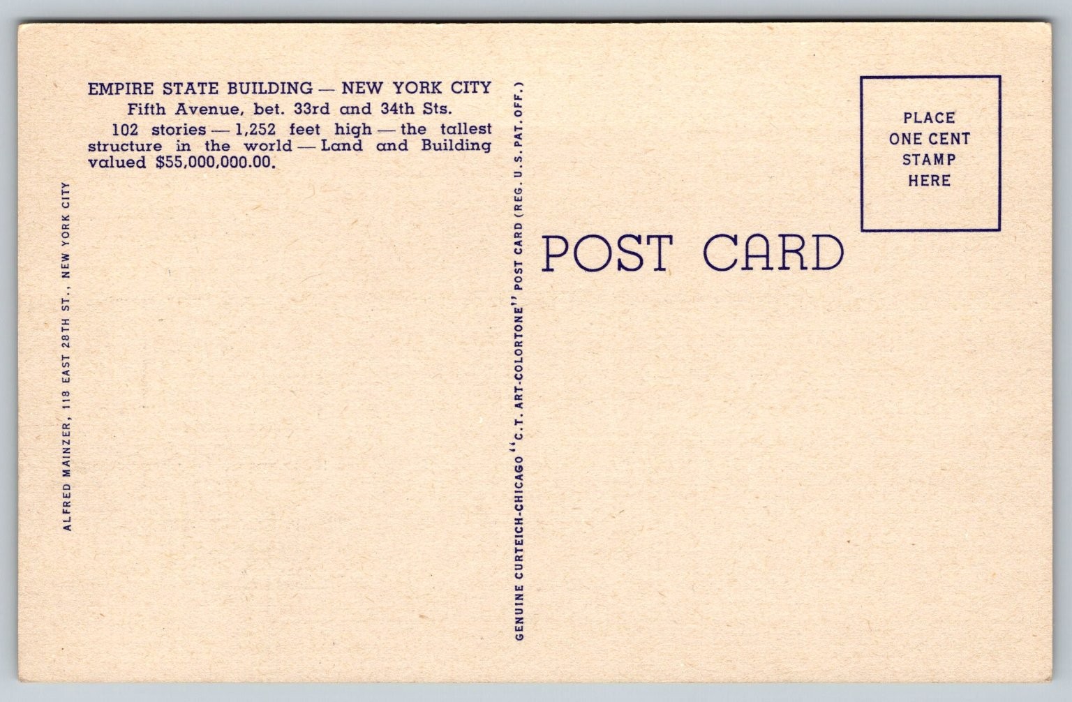 Vintage Linen Postcard Empire State Building New York City Skyline