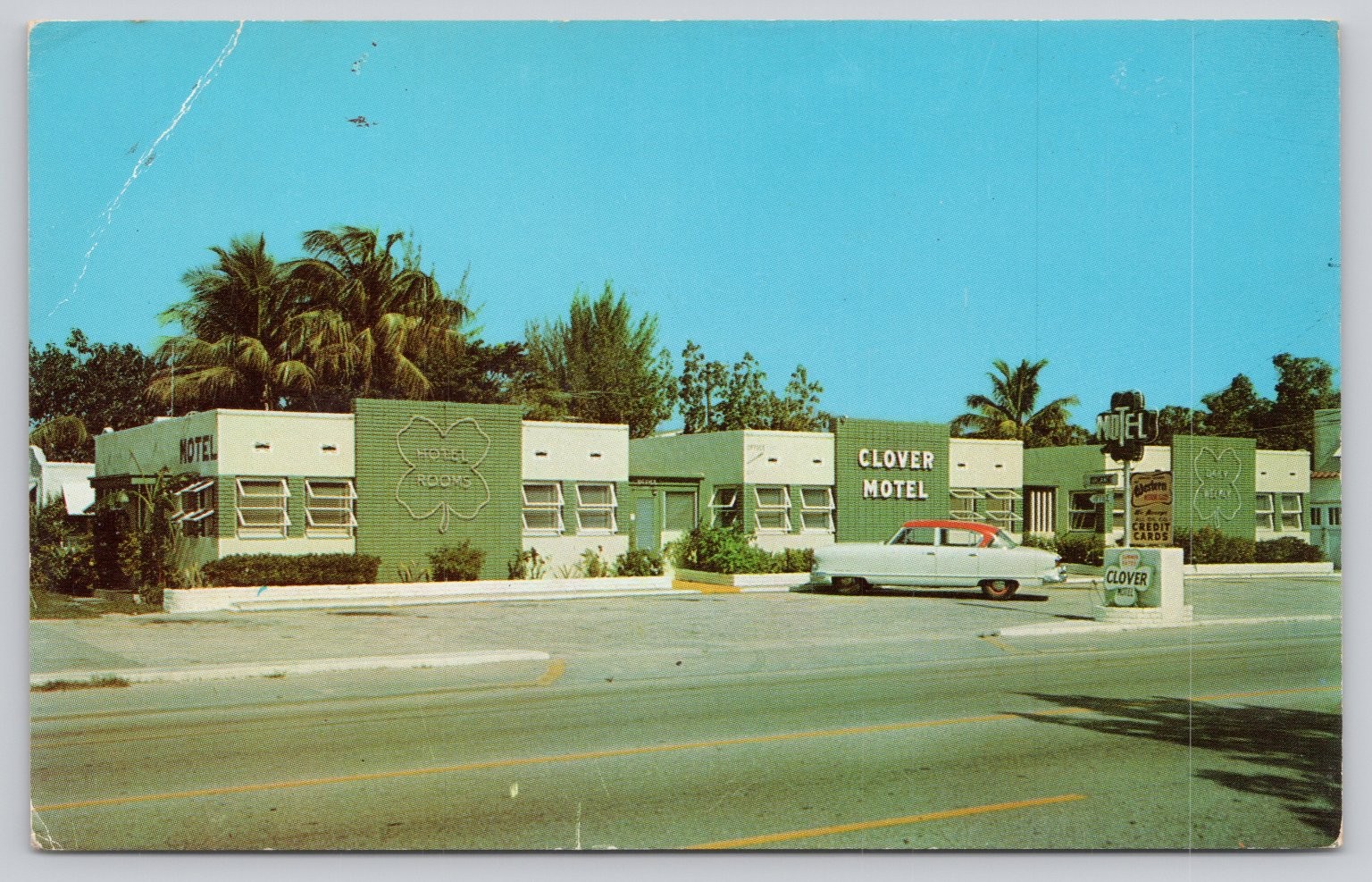 Vintage Clover Motel Hollywood Florida US 1 Chrome Postcard 1950s 1960s Car