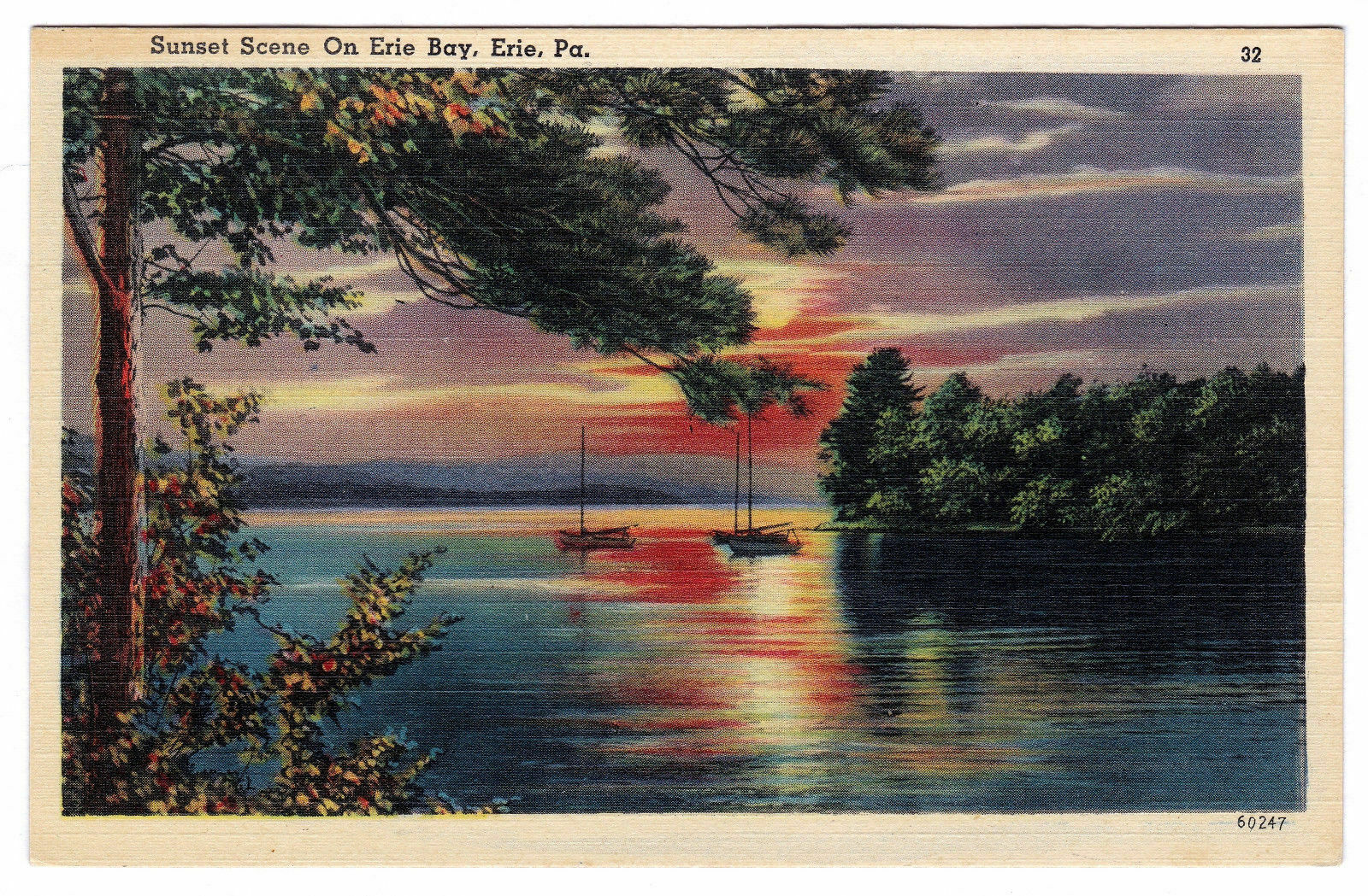 1930-1945 Erie PA Postcard Sunset Scene on Erie Bay Linen Era Beautiful Color