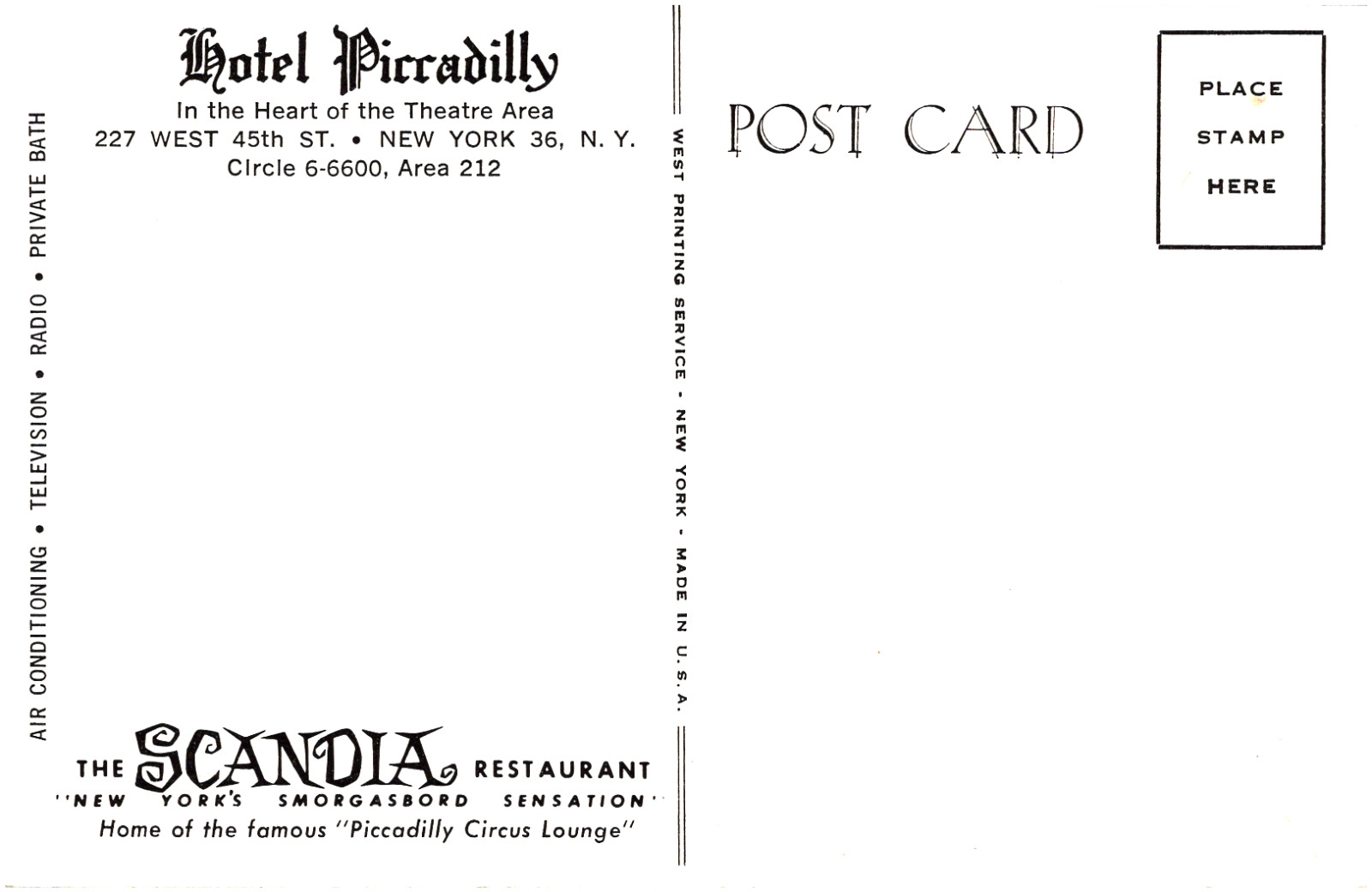 Hotel Piccadilly Times Square New York City NY 1950s Chrome Postcard Unused