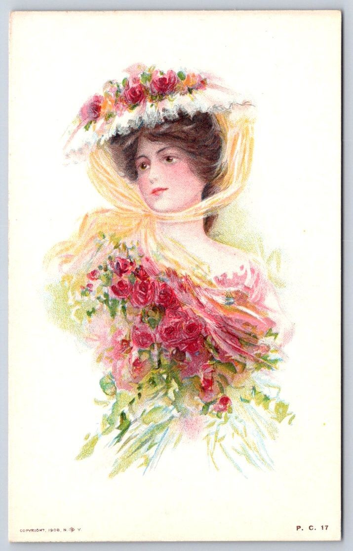 Antique Edwardian fashion woman in floral hat with roses 1908