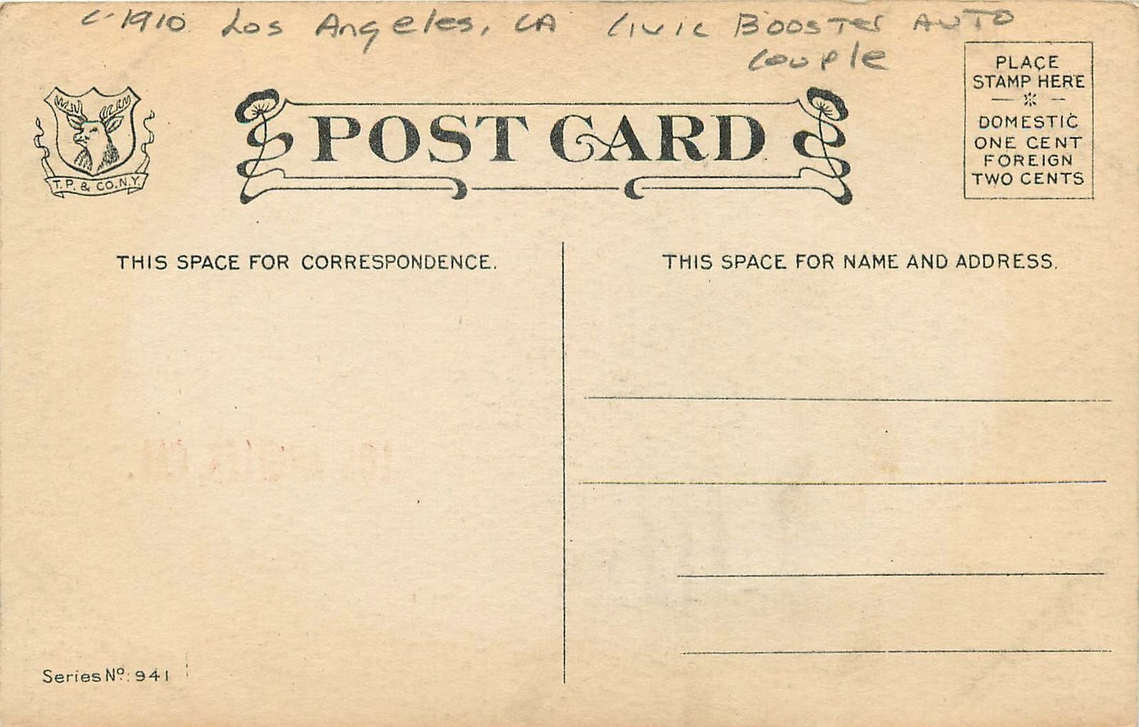 c1910 Los Angeles California Civic Booster auto couple TP & CO Postcard 26-1919