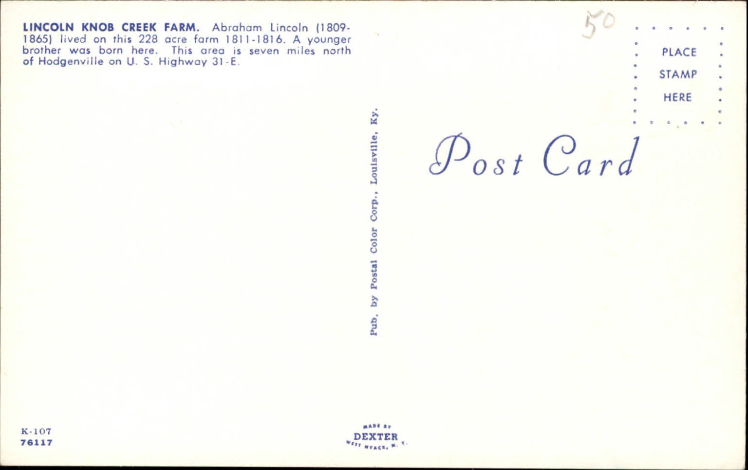 Lincoln Knob Creek Farm Hodgenville Kentucky vintage postcard p517