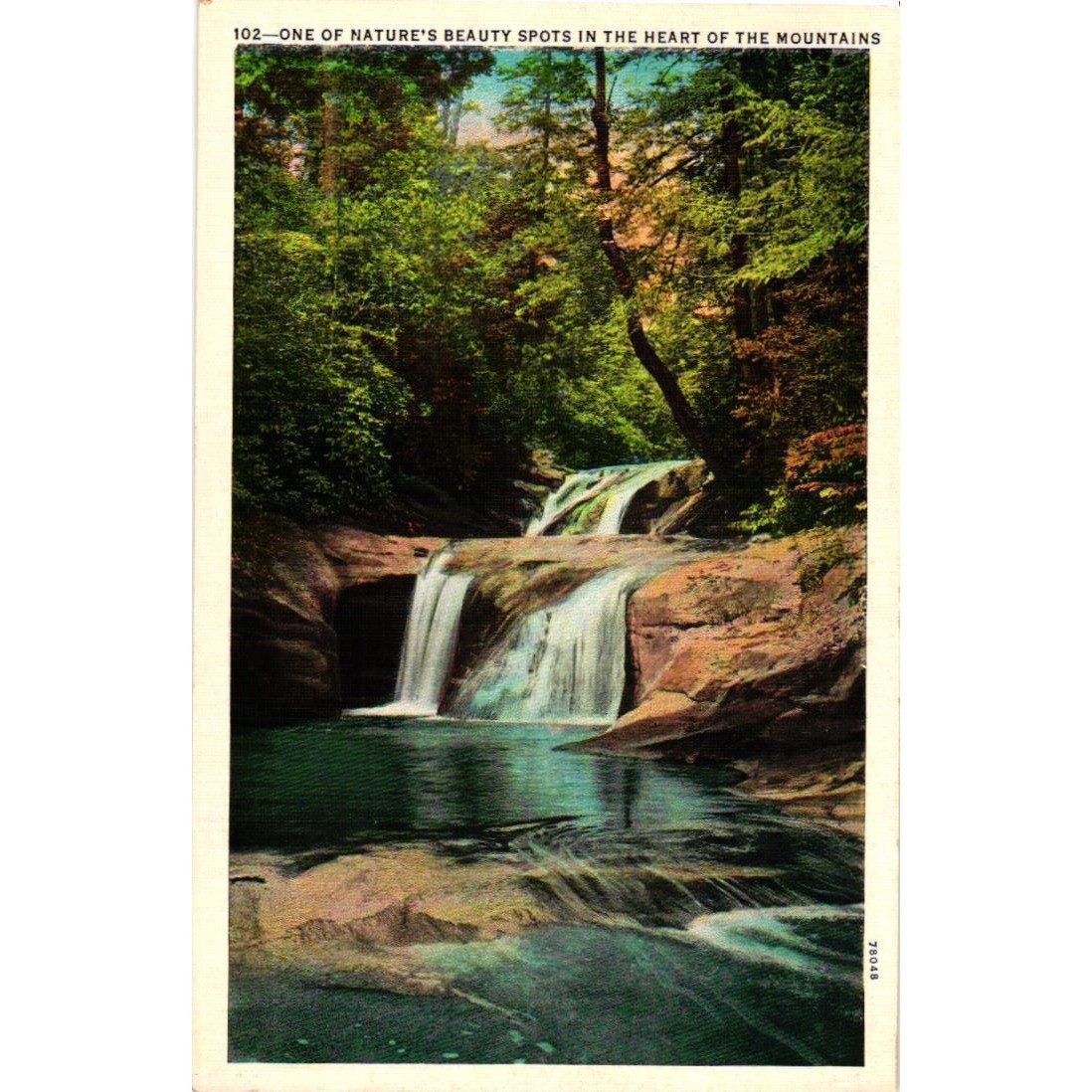 Vintage Linen Postcard Natures Beauty Spots Heart of Mountains Waterfall 78048